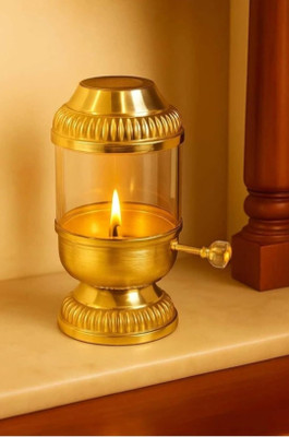BHAKTIKART Akhand Jyoti Diya (250)ml with Heatproof Borosilicate Glass Height-7.5inch Brass, Borosilicate Glass Table Diya(Height: 7.5 inch)