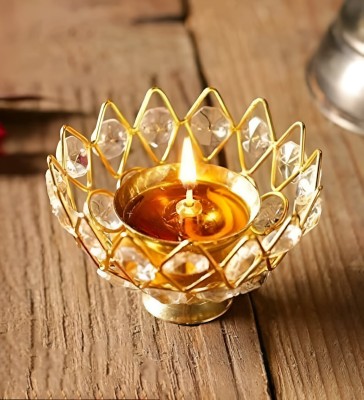 Affy Handicrafts Brass Bowl Crystal Diya Round Shape Kamal Deep Akhand Jyoti Oil Lamp (3 Inch) Brass Table Diya(Height: 2 inch)