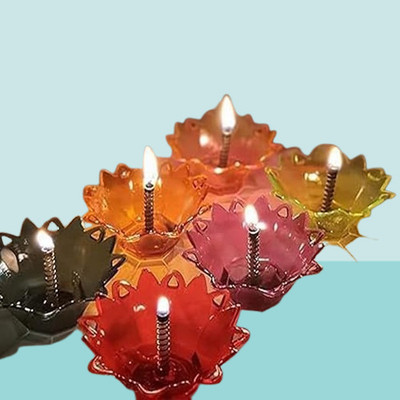 JUICIQ Lotus Shape Oil Lamps (Pack of 6) – Reusable Acrylic Diyas with Wick for Diwali, Plastic (Pack of 6) Table Diya(Height: 2.3 inch)