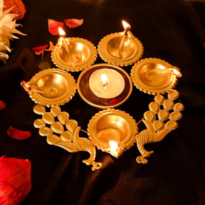 New Era Handicrafts Peacock Diya Shape Decorative Urli Bowl for Home Decor with 5 Attached Oil Diyas Iron Table Diya Set(Height: 7 inch)