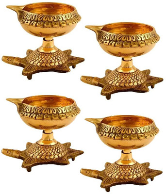 VALUE CRAFTS Handmade Brass Kuber Diya with Turtle Base Brass (Pack of 4) Table Diya Set(Height: 2 inch)