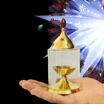 DARIDRA BHANJAN Golden Akhand deep With Cover high quality Brass, Glass Table Diya Borosilicate Glass Table Diya(Height: 5 inch)