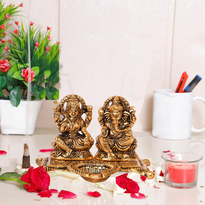 NOKTUS Metal Laxmi Ganesh Statue With Diya Stand Aluminium Table Diya(Height: 4 inch)