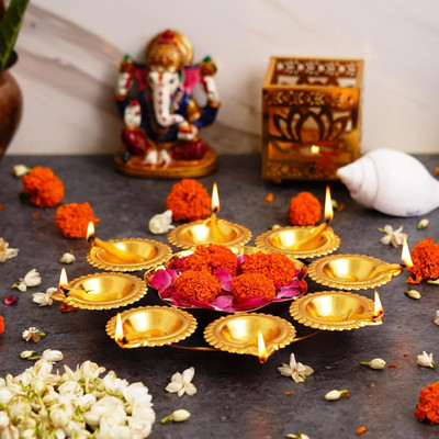 ALL.NATION.IMPEX Premium Flower Shape Diya urli Bowl for Home and Pooja Decorations Iron Table Diya Set(Height: 10 inch)