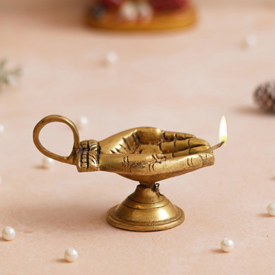 shyam antique creation Hand Shaped Diya with Handle for Puja Decorative Oil Lamp Deepak For Diwali Brass Table Diya(Height: 2.5 inch)
