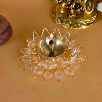 Affy Handicrafts Brass & Crystal Kamal Diya/Akhand Jyoti/Oil Lamp (4 Inch) Brass Table Diya(Height: 2 inch)