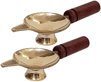 PUHUHP Brass Diya With Wooden Handel I Brass Table Diya Brass (Pack of 2) Table Diya Set(Height: 1.5 inch)