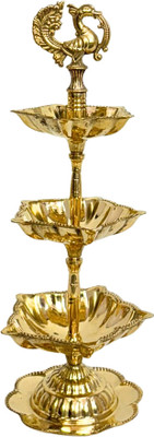 Extreme Karigari Triple Layer Brass Peacock Diya | Traditional Oil Lamp | Puja Temple Home Décor Brass Table Diya(Height: 9 inch)