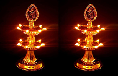 D.V TECH 2 Layer Electric Gold LED Bulb Light Diya for Pooja/Mandir Diwali Festival Decor Cast Iron (Pack of 2) Table Diya Set(Height: 5 inch)
