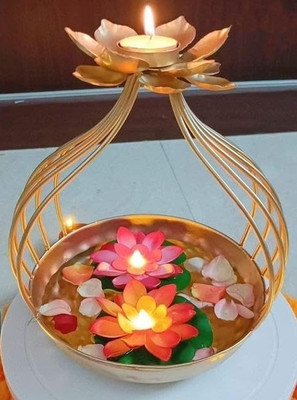 MHTRADERS Urli Bowl Flower Design with Tealight Candle Holder for Table Diwali Festive Iron Table Diya(Height: 6 inch)