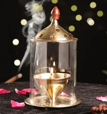 Great More Brass Diya With Borosilicate Glass Cover for Mandir, Office, Home Brass Table Diya(Height: 4.8 inch)