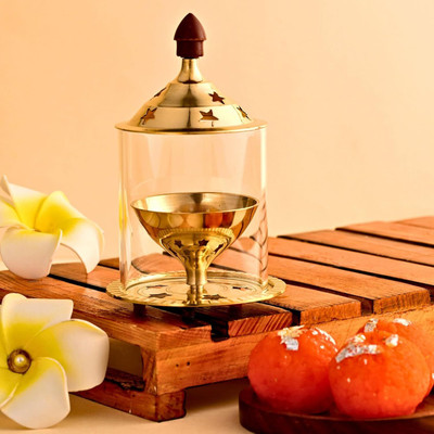Great More Brass Diya With Borosilicate Glass Cover for Mandir, Office, Home Brass Table Diya(Height: 4.8 inch)