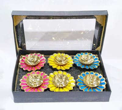 HRMETAL Lotus Design Brass Diya Set of 6 | 3 Inch Bras Metal Decorative Diya Brass (Pack of 6) Table Diya Set(Height: 2 inch)
