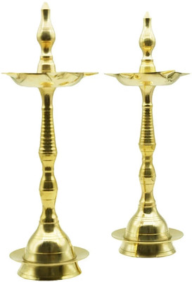 Puja N Pujari Premium Brass Oil Lamp Pair for Pooja, Temple & Gifting Brass (Pack of 2) Table Diya Set(Height: 10 inch)