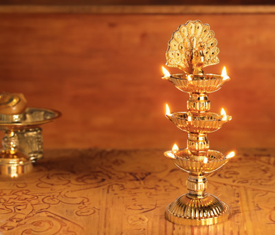 Nabhya Peacock 3 Layer Electric Gold LED Plastic Diya for Temple Table Diya Set Plastic Table Diya Set(Height: 10 inch)