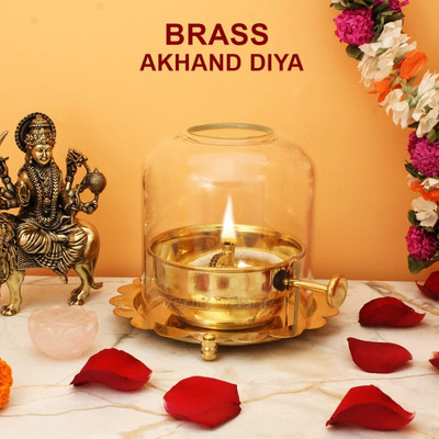 BHAKTIKART Akhand Jyoti Brass Diya (125ML) with Borosilicate Glass Brass Diya For DIWALI Brass Table Diya(Height: 4 inch)