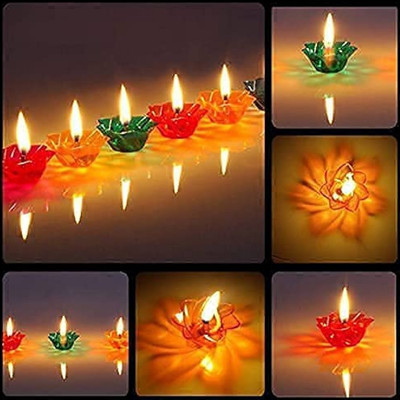Smiling Cart Multicolour 3D Reflection Water and Oil Diwali Diyas Colourful for Diwali Décor Plastic (Pack of 12) Table Diya Set(Height: 1 inch)