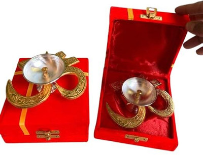 PRITHVI CREATIONS Brass Om Diya with Velvet Box for Pooja, Temple & Gifting Brass Table Diya Set(Height: 2 inch)