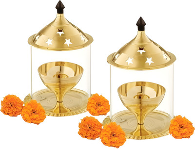 Misty Twenty Twenty Brass, Borosilicate Glass (Pack of 2) Table Diya Set(Height: 5 inch)