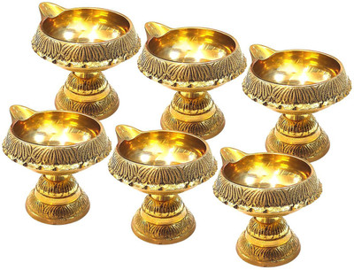 DOKCHAN Pure Brass Kuber Stand Diya for Pooja Hand Engraved Diya for Puja Heavy Quality Brass (Pack of 6) Table Diya Set(Height: 1.8 inch)