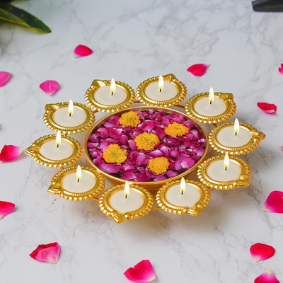 ALL.NATION.IMPEX Premium Diya Shape Gold Plated Decorative Urli Bowl with Wax Iron Table Diya Set(Height: 10 inch)