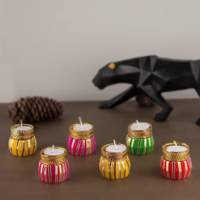 KITTU TRADING Dholki Shape Tealight Candle Holder for Decoration/Diwali Decoration/Table Top Microfibre (Pack of 6) Table Diya(Height: 3.4 inch)