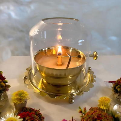 T-KA108 Pure brass Akhand Diya with glass, wick lifter for Durga celebrations. Brass Table Diya Set(Height: 6.5 inch)
