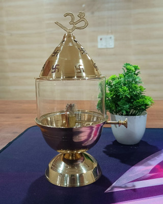 T-KA108 Pure brass Akhand Diya with glass, wick lifter for Durga celebrations Brass Table Diya Set(Height: 8 inch)