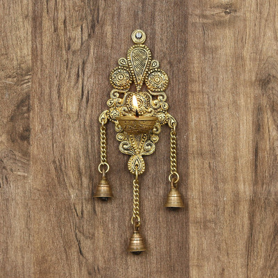 eCraftIndia Antique Finish Decorative Handcrafted Brass Wall Hanging Diya with Bells Brass Hanging Diya(Height: 11.22 inch)
