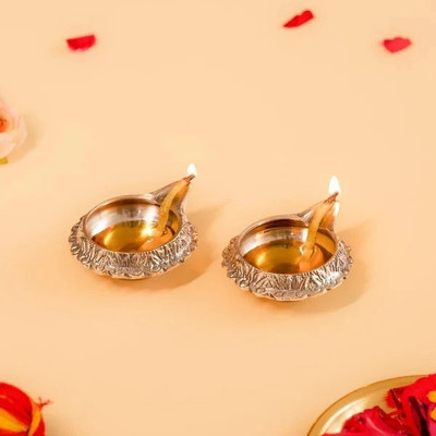 CHITRASHILA Brass Kuber Diya with Gold Antique Finish – Perfect for Laxmi Pooja & Navratri Brass (Pack of 2) Table Diya(Height: 2.3 inch)