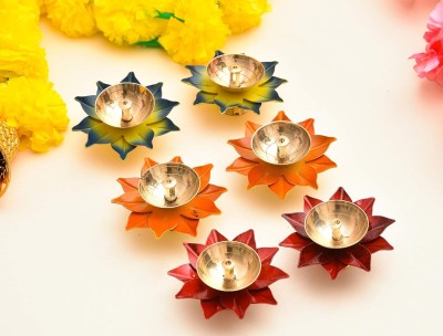 Grah deKora Brass Lotus Shape Diyas for Pooja, Decoration with Gift Box for Diwali, Rangoli Brass (Pack of 6) Table Diya Set(Height: 1.5 inch)