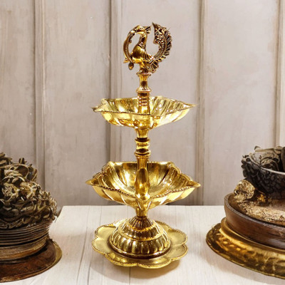 upharkaro Traditional Decorative Double Step Brass Peacock Diya for Pooja & Festive Décor Brass Table Diya(Height: 7 inch)
