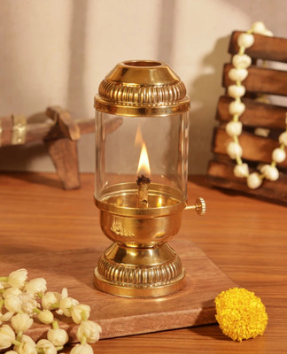 ALL.NATION.IMPEX Akhand jyoti diya with glass cover / Heatproof Brass Table Diya(Height: 6 inch)
