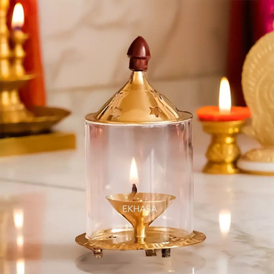 DARIDRA BHANJAN Brass Akhand Diya Glass Cover/Akhand Diya/Diya/Oil Lamp/ Brass, Glass Table Diya Brass Table Diya(Height: 5 inch)
