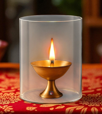 ANI DIVINE Pure Brass Pyali Akhand Aiya with Borosilicate Glass Cover Flame Protector Brass, Glass Table Diya(Height: 3 inch)