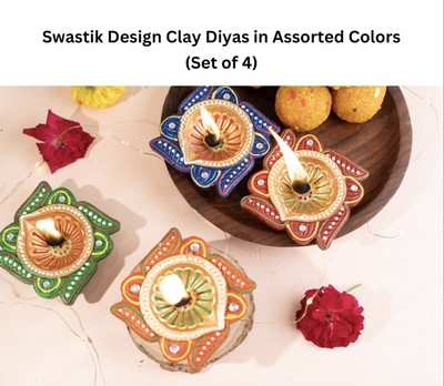 Decorkrafts Handpainted Clay Swastik Diya in Assorted Colours (Set of 4) Earthenware (Pack of 4) Table Diya Set(Height: 1 inch)
