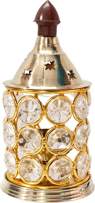 Akhand Crystal Diya with Decorative Lid, Golden Crystal Pooja Lamp for Home Temple Brass, Crystal Table Diya(Height: 5 inch)
