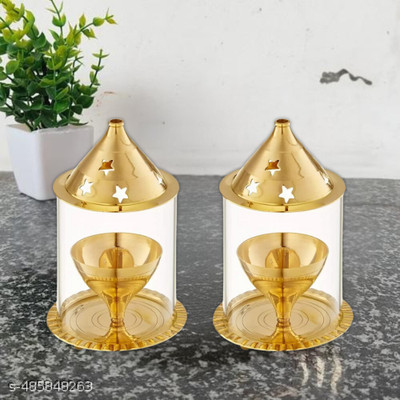 DARIDRA BHANJAN Elitetouch Set of 2 Golden Akhand deep With Cover/ Brass, Glass Table Diya- 5Inc Brass (Pack of 2) Table Diya Set(Height: 5 inch)