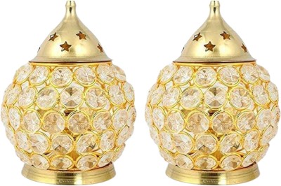 DARIDRA BHANJAN Golden Crystal Matki,Oval Shape Round Akhand Diya Jyoti Oil Lamp for pooja Set 2 Brass Table Diya(Height: 5 inch)