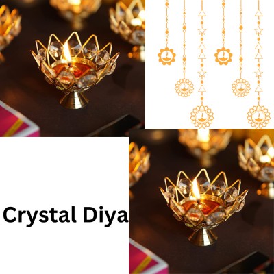 DARIDRA BHANJAN Set of 2 Lotus Shape Crystal Tea Light Holder Crystal Brass Table Diya(Height: 2.5 inch)