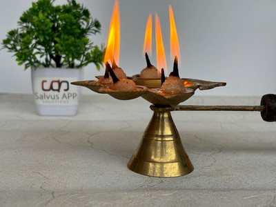 salvusappsolutions Traditional Brass Panchmukhi Deepak/Diya with Wooden Handle for Pooja/Aarti & Home-Temple Decor (9x3x5 Inch) Brass Table Diya(Height: 5 inch)