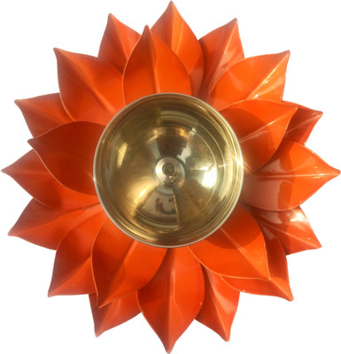 Crinikle Brass Kamal Ptta Orange color Akhand diya With Fancy Gift Box size 6 inch Brass Table Diya(Height: 2 inch)