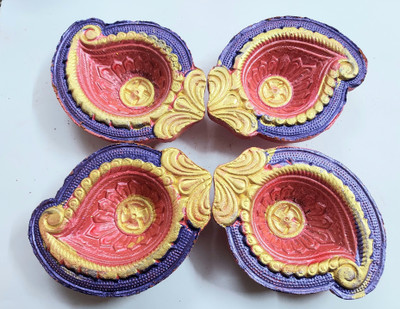 ONRR Collections Multicoloured designer Teracotta clay diyas packof4 diya with cotton wick Earthenware (Pack of 4) Table Diya Set(Height: 3 inch)