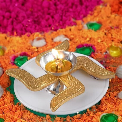 Beyond Gifting Brass Swastik Shape Diya Religious Antique for Temple Pooja & Home Decor Brass Table Diya(Height: 6 inch)