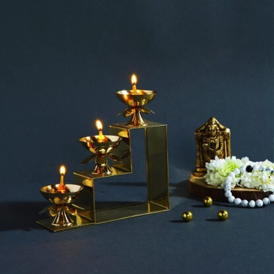 FNF Creation Brass Lotus Diya Oil Puja Lamp Piller Stand Brass Table Diya Set Brass (Pack of 3) Table Diya(Height: 6 inch)
