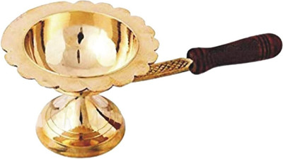 SBBCO Diwali Pure Brass Dhoop Diya || Kapoor Aarti Lamp/Dhoop Stand with Wooden Handle Brass Table Diya(Height: 3 inch)