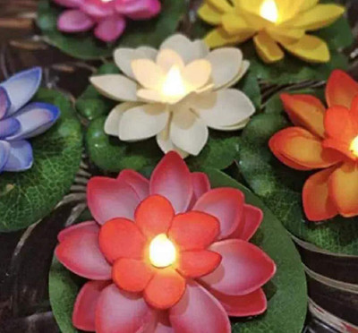 APNA STORE Lotus Flower Floating Diya Set with Water Sensor (Set of 6) | Multicolour Plastic (Pack of 6) Table Diya Set(Height: 1.5748 inch)