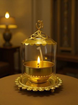 GOOD LUCK HANDICRAFTS Akhand Diya with Adjustable Bati | Lifting Screw Wick | Stay Lit for 48 Hours Brass Table Diya(Height: 5 inch)