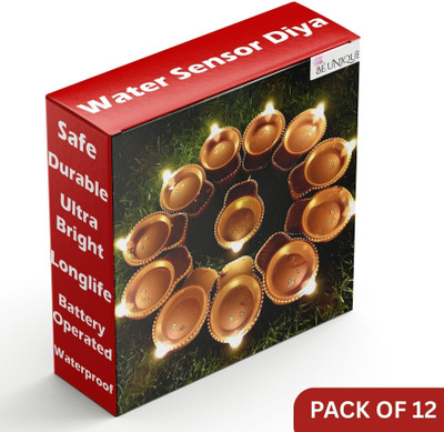 BE UNIQUE Water Sensor LED Diya Set Ultra Bright Decorative Diyas for Festivals Plastic (Pack of 12) Table Diya(Height: 1 inch)