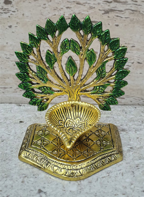 MetalMuse Handcrafted Golden Leaf Metal Diya For Diwali & Puja Mandir Decoration Aluminium (Pack of 2) Table Diya Set(Height: 4.1 inch)